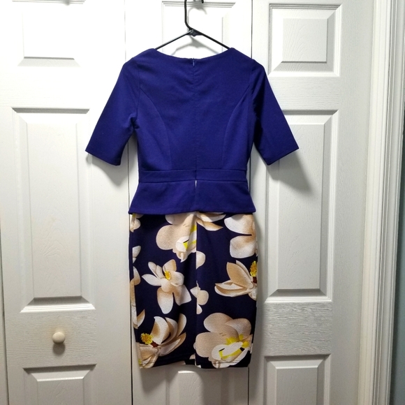 Ladies Faux 2 piece Dress, Royal Blue top attached flowered pencil skirt Medium - Picture 2 of 5